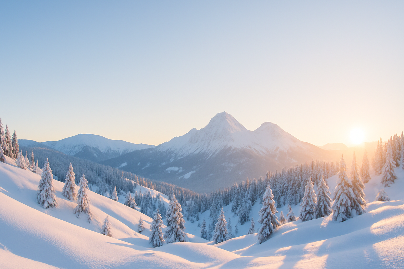 A wide panoramic banner of snowy hills and mountains under a clear blue sky. Fresh snow blankets the hills, with pine trees partially covered in white frost. A soft golden sunrise casts a warm glow over the snow, creating contrast and depth. Space left at the top or side for website text overlay. Clean, minimal, and premiu